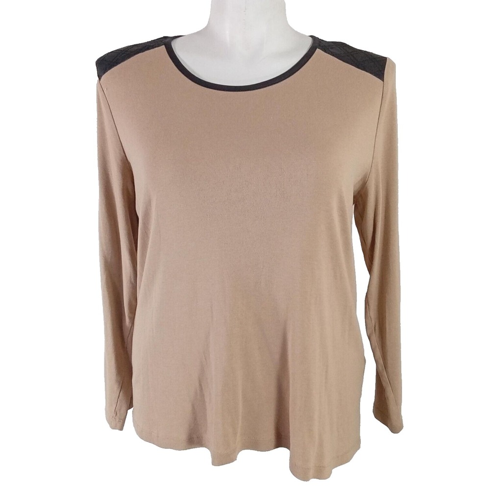 Chico's 3 Top Tan Black Shoulder LARGE Long Sleeve‎ Shirt Stretch